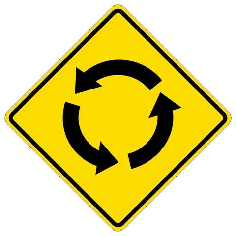 Roundabout ahead. Reduce speed