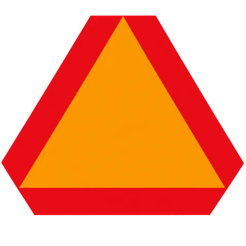 The slow-moving vehicle sign is an orange triangle with a red border